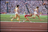Mary Decker & Zola Budd collide during the women's 3000m final, Olympics 1984 - ©2025 David Burnett.<br/>All rights reserved.