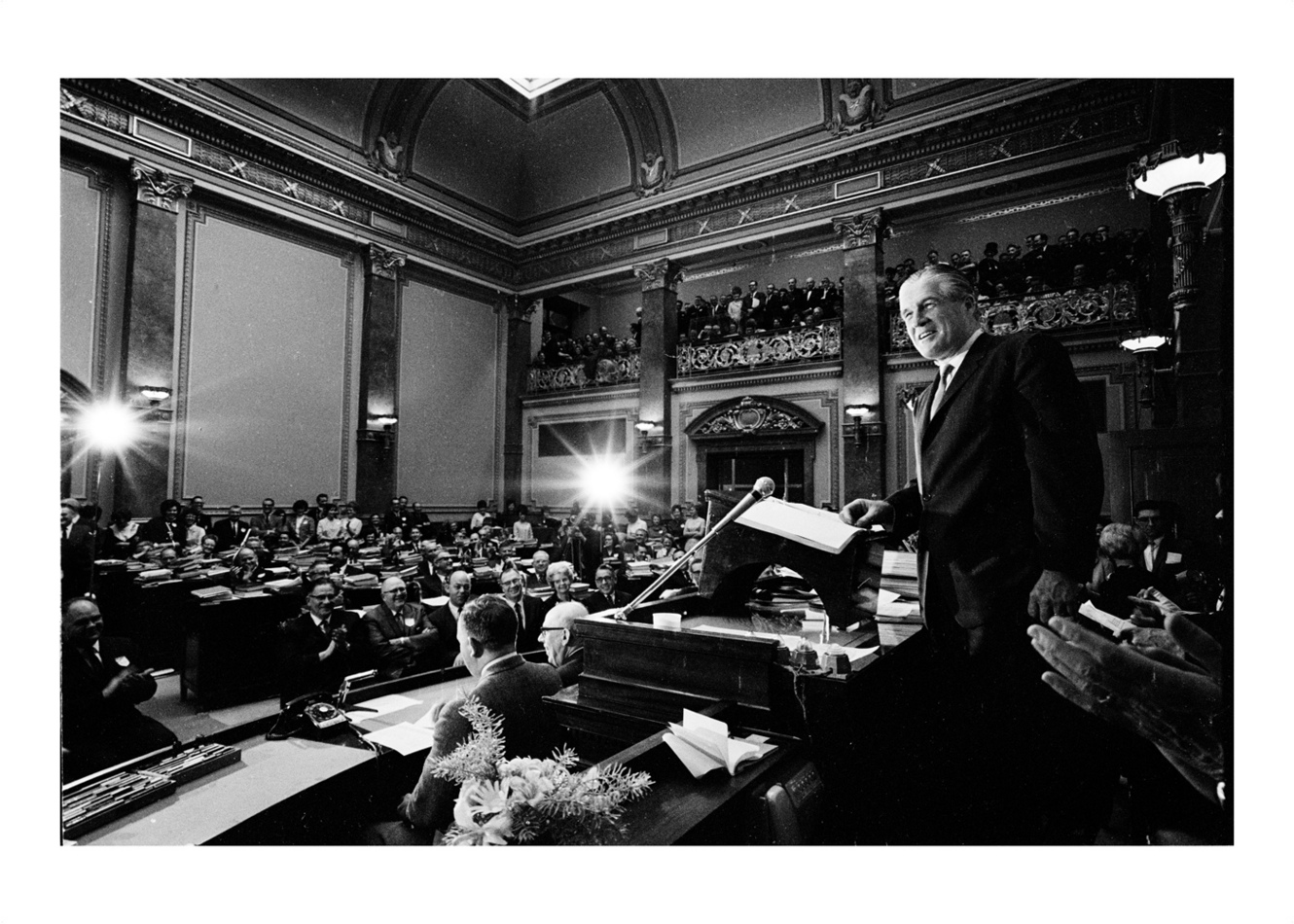 Gov. George Romney, seeking the Repub. nomination, speaks to the Utah Legislature: 1967