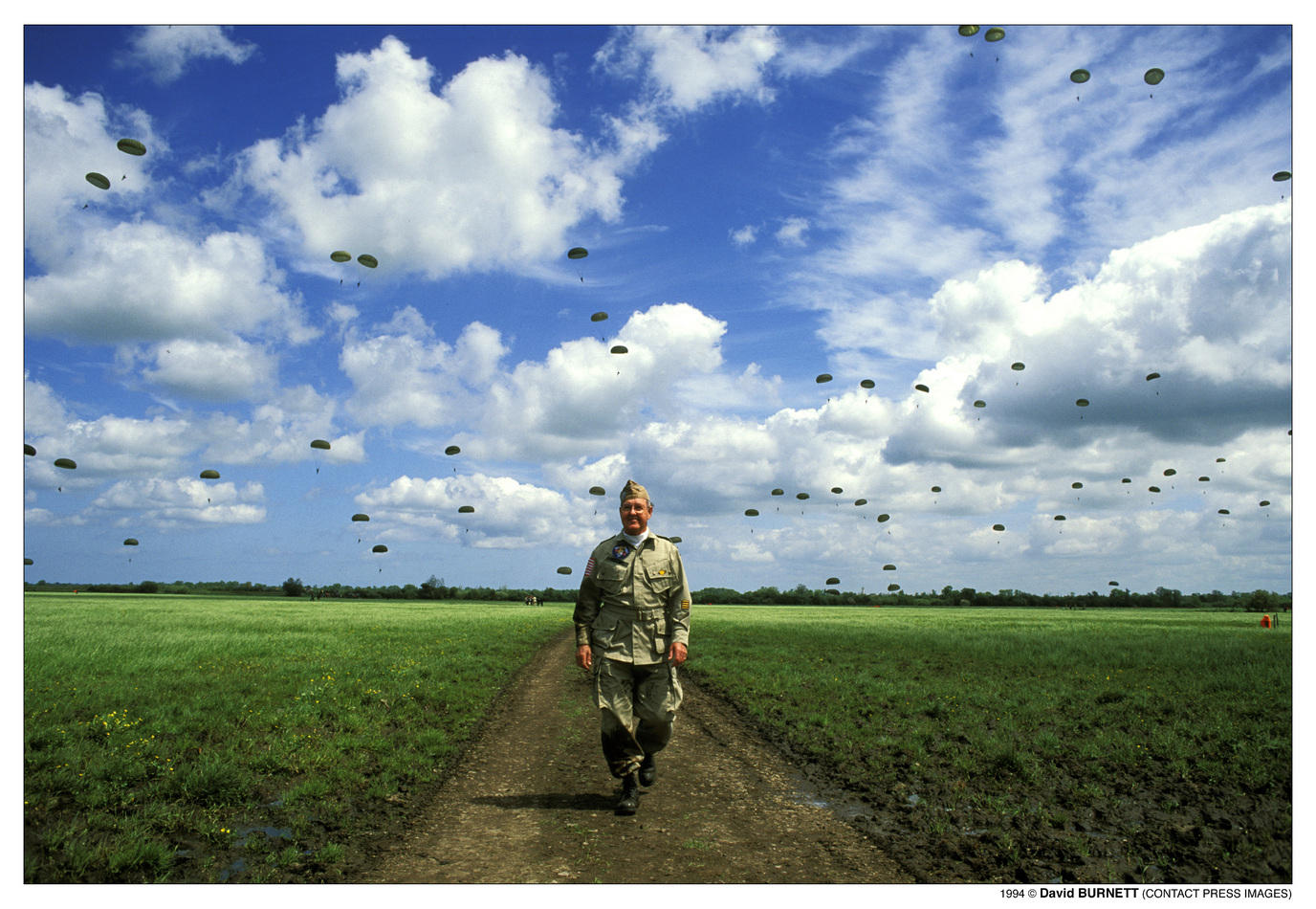 In 1994, on occasion of the 50th anniversary of D Day, Robert L Williams, 101st Airborne trooper, jumped with a bunch of former vets at Ste Mere Eglise. The sky behind is filled with chutes of active duty troops who jumped just after the vets did. : D-Day: the Men, the Beaches : David Burnett | Photographer