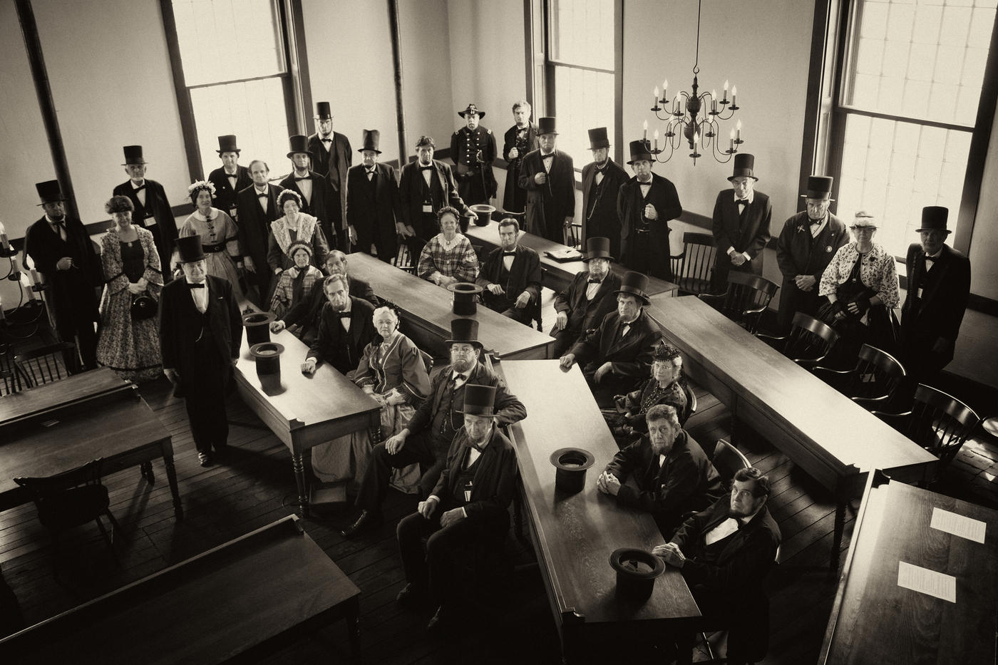 A group shot at the Association convention. As a legislator, Lincoln sat in the desk at the lower right.